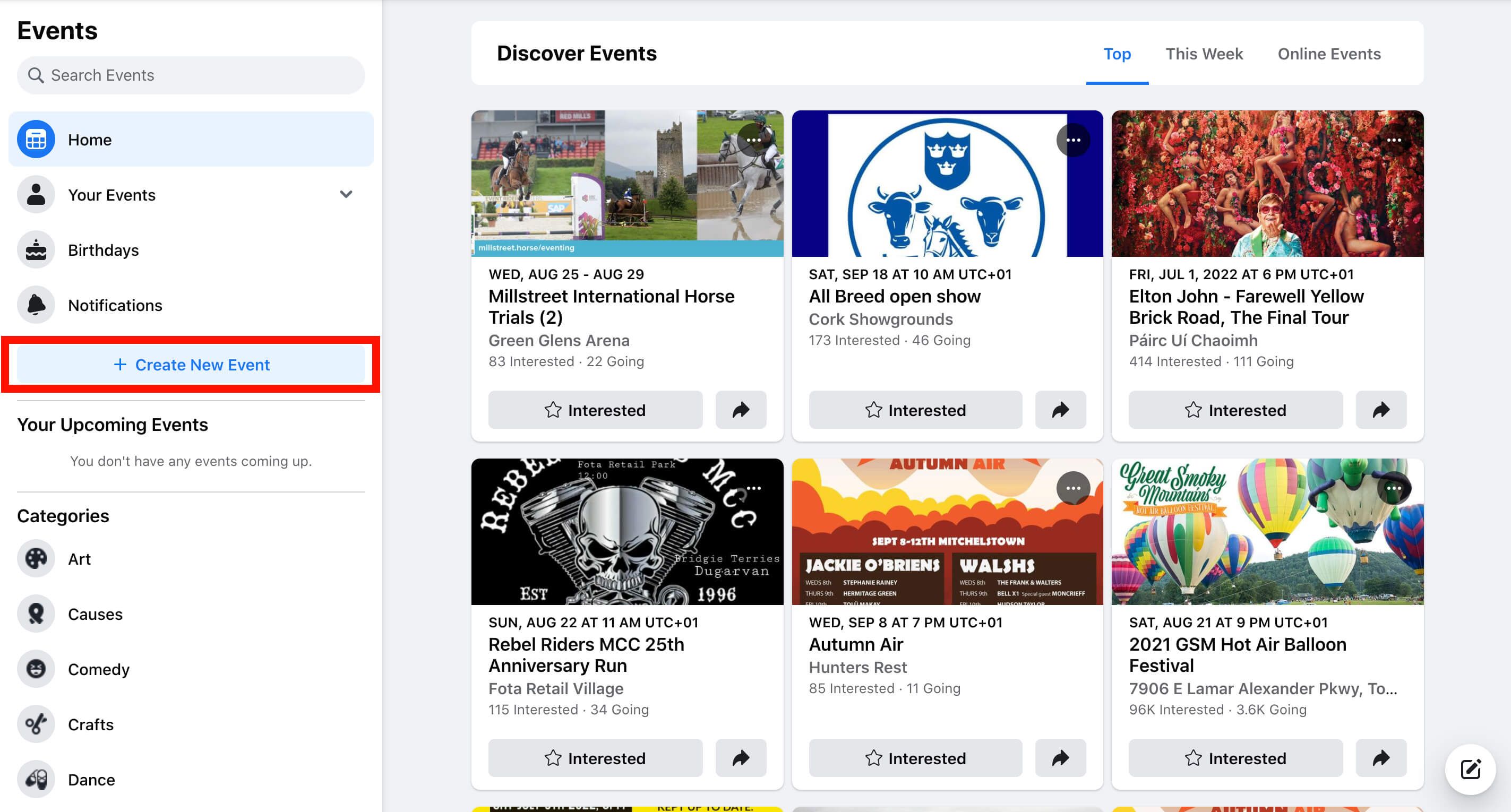 Screenshot of Events Facebook page with 'Create new event' button highlighted with a red rectangle - Best practices for choosing photo sizes for Facebook events - Image